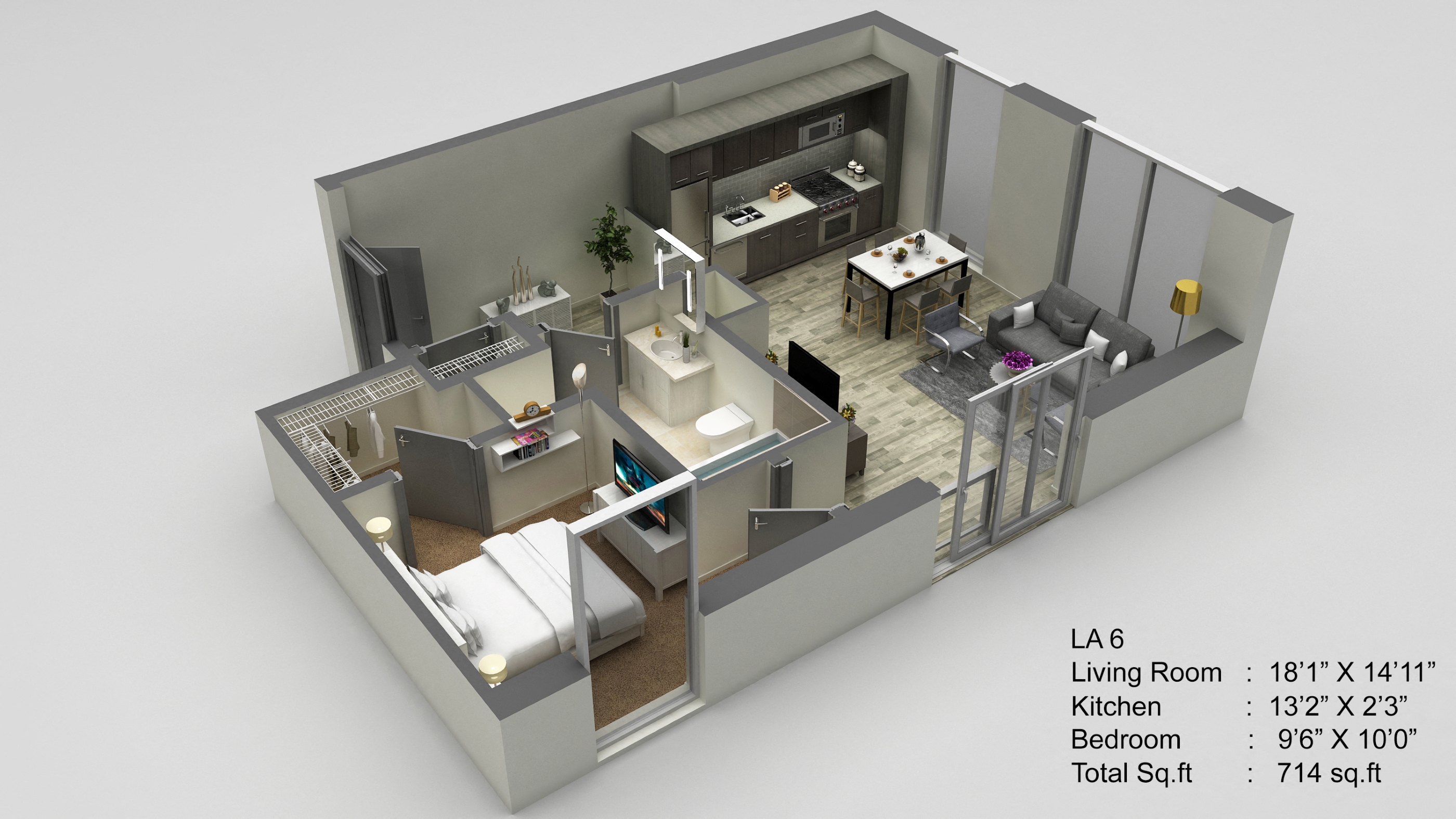 Floor plan for 1 bed, 1 bath, 714 sqft